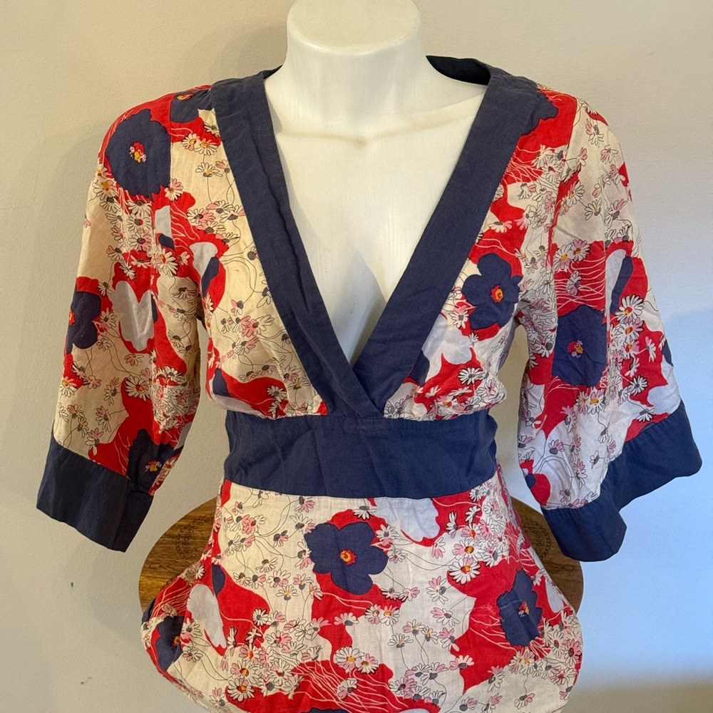 Floral V-Neck Women's Top - Red and Blue
